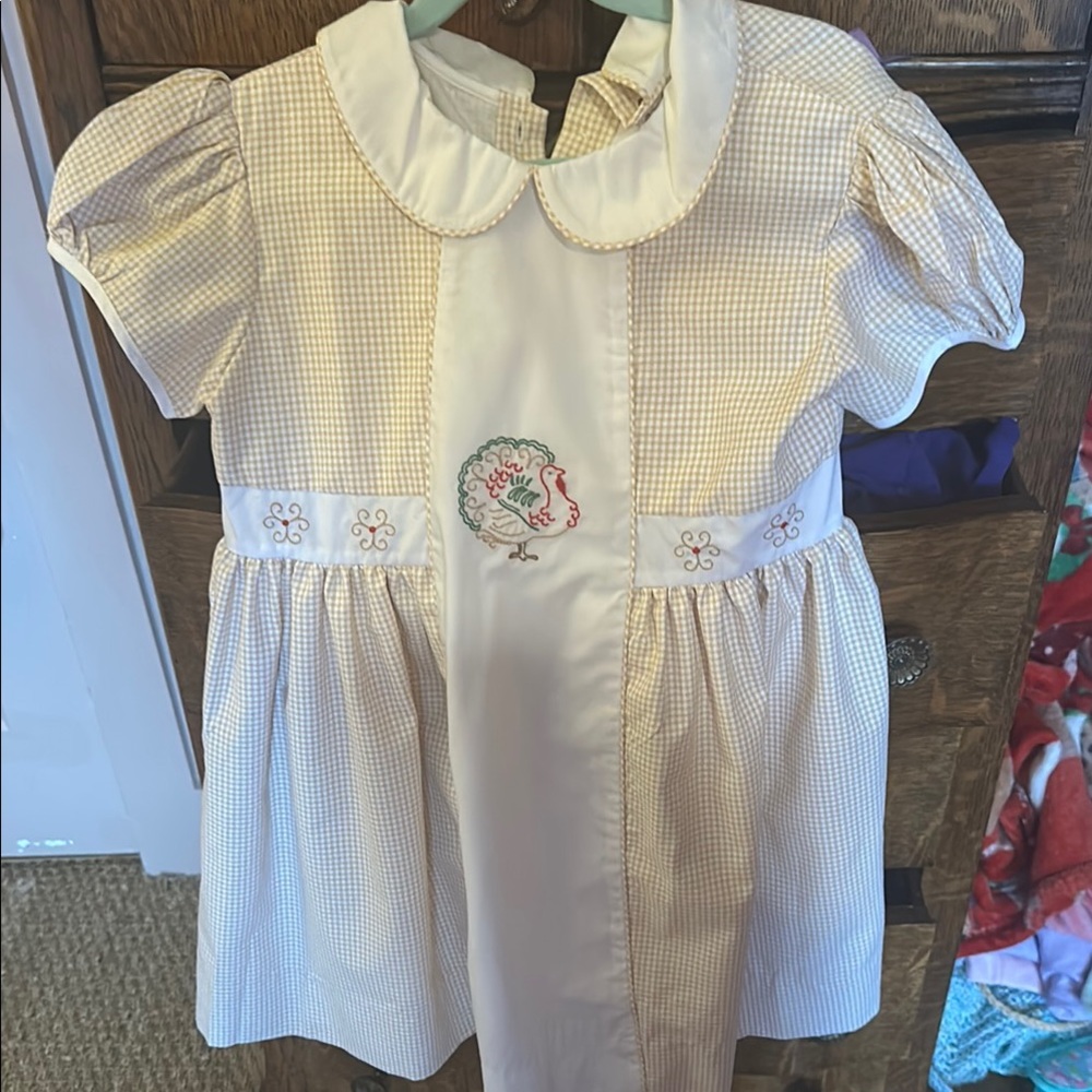 Children's Gingham Dress with Embroidered Turkey